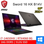 微星 Sword 16 HX B14VFKG-485TW 16吋 黑(i7-14650HX/16G DDR5/512G PCIE/RTX4060 8G/W11)